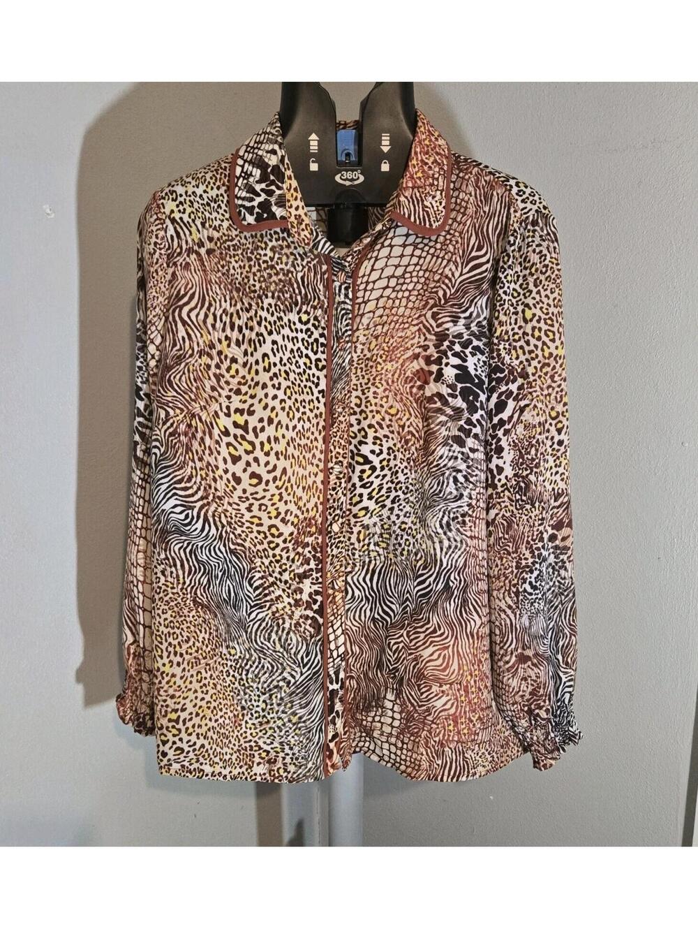 Ny Collection Animal Print Button-Front Tunic Top Long Sleeve Sz PM